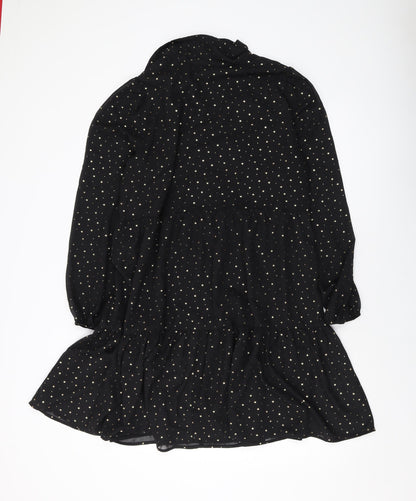 Marks & Spencer Womens Black Geometric Polyester A-Line Size 14 Collared Button