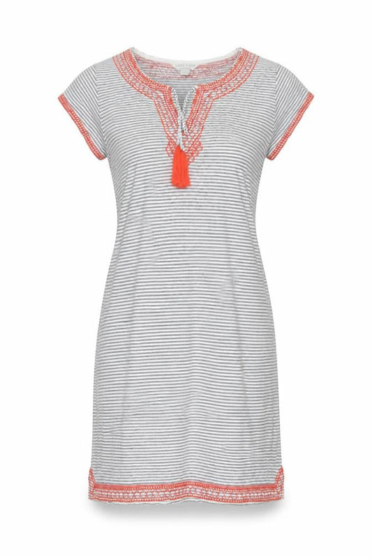 Monsoon Womens White Striped Linen Shift Size 10 V-Neck Pullover - Embroidered Detail Tassle