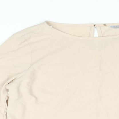 Close-up detail of Red Herring women’s beige polyester basic blouse, size UK 10, round neck - bell sleeve