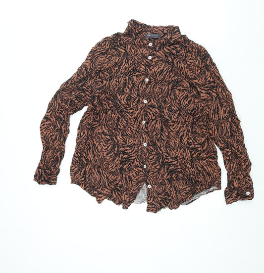 Marks and Spencer Womens Brown Geometric Viscose Basic Button-Up Size 18 Collared