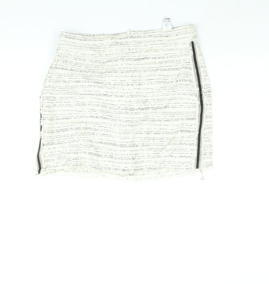 Zara Womens Ivory Geometric Cotton Mini Skirt Size L Zip - Raw Edge
