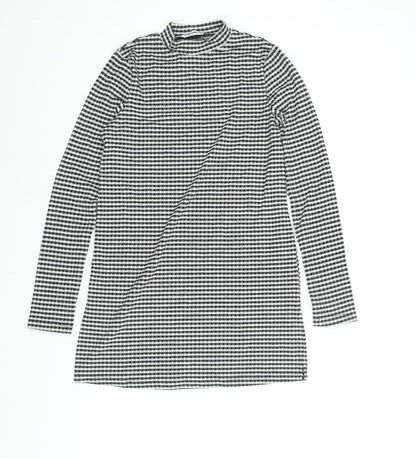 Additional front view of Miss Selfridge women’s black check polyester tunic blouse, size UK 6, mock neck - side slits