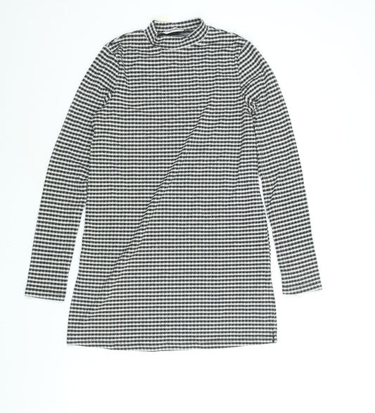 Miss Selfridge Womens Black Check Polyester Tunic Blouse Size 6 Mock Neck - Side Slits