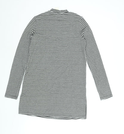 Back view of Miss Selfridge women’s black check polyester tunic blouse, size UK 6, mock neck - side slits