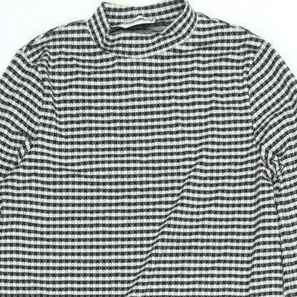 Close-up detail of Miss Selfridge women’s black check polyester tunic blouse, size UK 6, mock neck - side slits