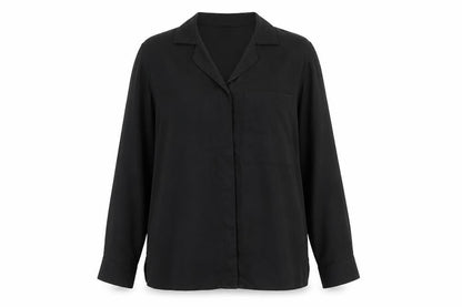 Front view of ASOS women’s black polyester basic button-up, size UK 8, collared