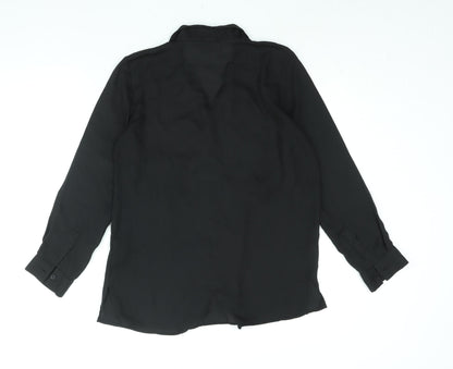 Back view of ASOS women’s black polyester basic button-up, size UK 8, collared