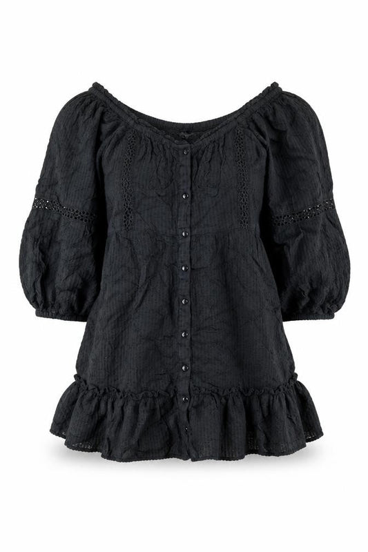 New Look Womens Black Cotton A-Line Size 8 Scoop Neck Button - Smocked