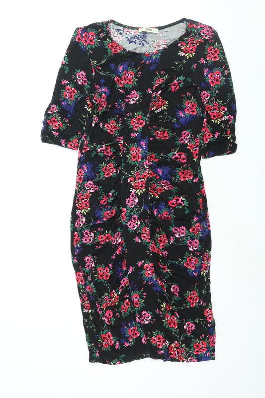 Oasis Womens Black Floral Viscose Bodycon Size M Round Neck Pullover - Rouched