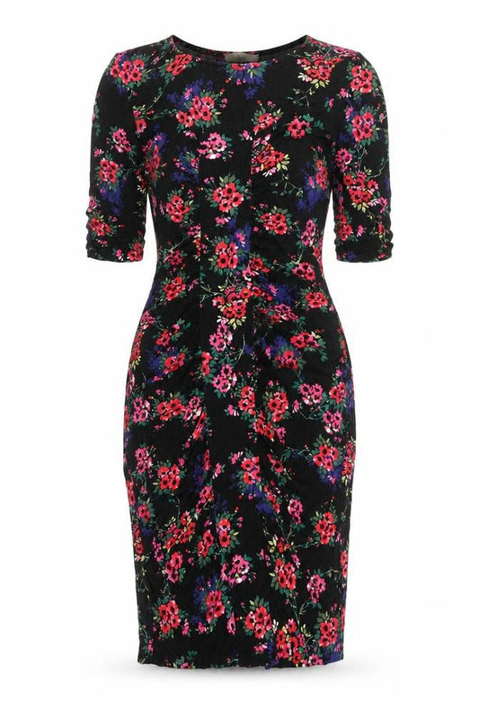 Oasis Womens Black Floral Viscose Bodycon Size M Round Neck Pullover - Rouched