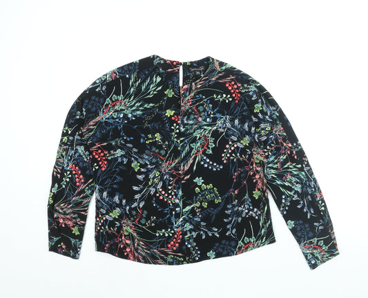Warehouse Womens Black Floral Polyester Basic Blouse Size 8 Round Neck - Keyhole Neck