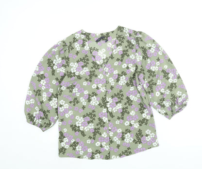 Marks & Spencer Womens Green Floral Polyester Basic Button-Up Size 8 V-Neck