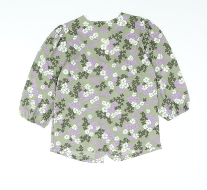 Marks & Spencer Womens Green Floral Polyester Basic Button-Up Size 8 V-Neck