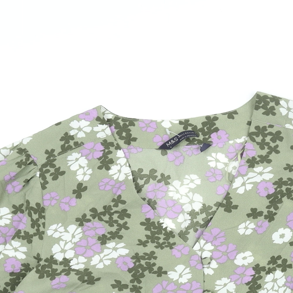 Marks and Spencer Womens Green Floral Polyester Basic Button-Up Size 8 V-Neck