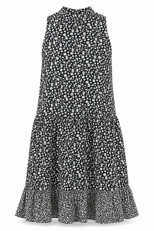 Topshop Womens Black Floral Viscose Shift Size 10 Mock Neck Button - Smocked