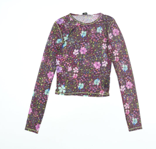 Urban Outfitters Womens Multicoloured Floral Polyester Basic Blouse Size S Round Neck - Semi Sheer