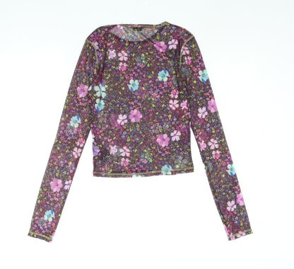 Urban Outfitters Womens Multicoloured Floral Polyester Basic Blouse Size S Round Neck - Semi Sheer