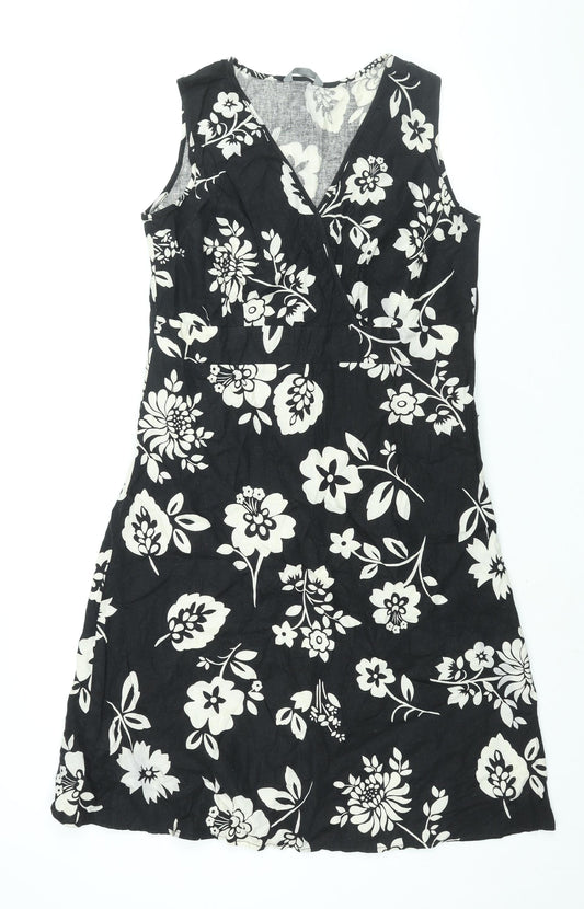 Mia Moda Womens Black Floral Linen Shift Size 14 V-Neck Zip