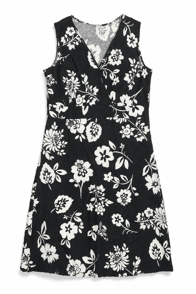Mia Moda Womens Black Floral Linen Shift Size 14 V-Neck Zip