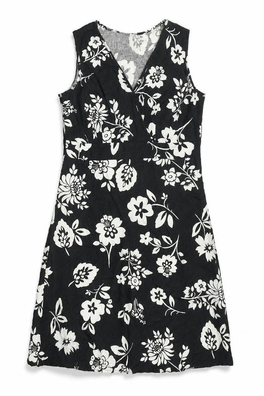 Mia Moda Womens Black Floral Linen Shift Size 14 V-Neck Zip