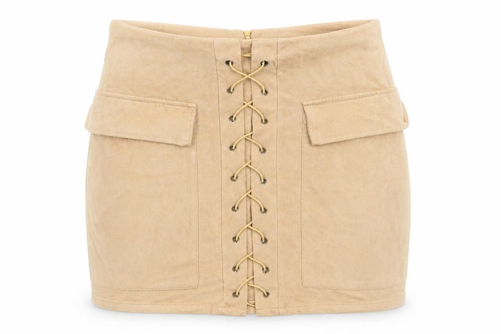 Misspap Womens Beige Polyester Mini Skirt Size M Zip - Lace Up Detail