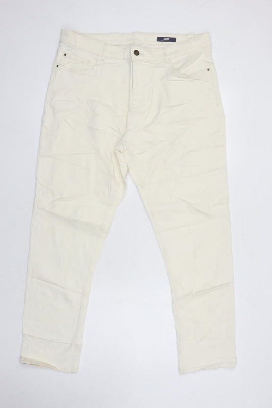 M&S Womens Ivory Herringbone Cotton Tapered Jeans Size 18 L28 in Regular