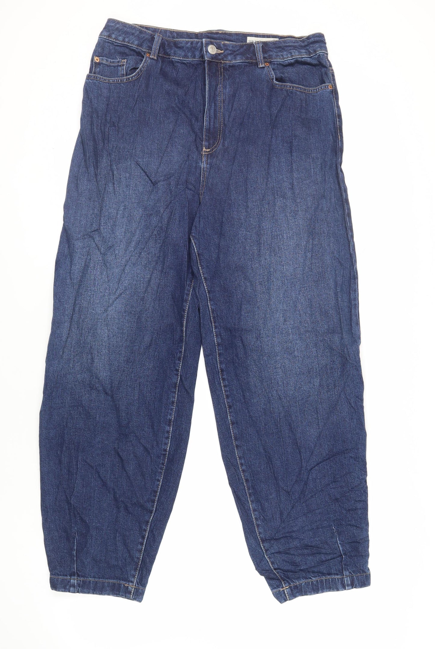 Marks and Spencer Womens Blue Cotton Tapered Jeans Size 34 in L29 in Regular Zip - Balloon Style