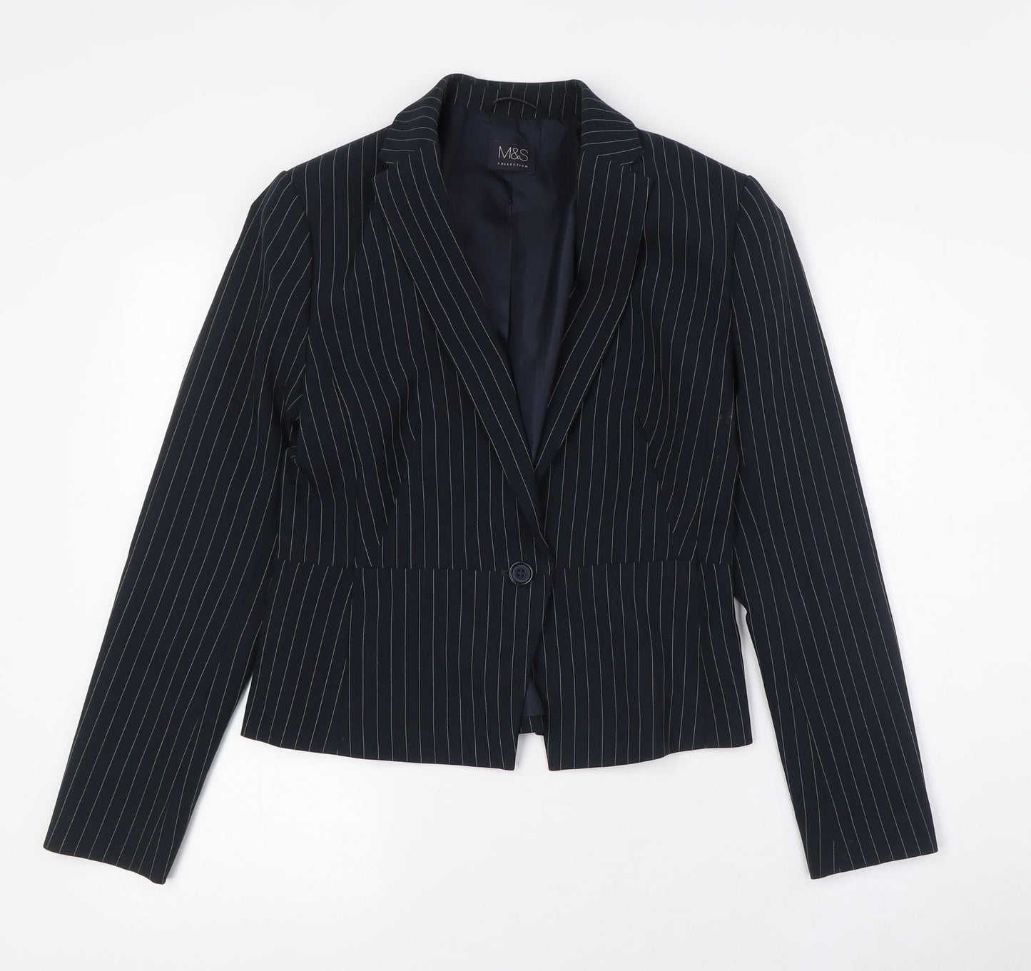 Marks and Spencer Womens Blue Striped Jacket Size 8 Button - Fitted