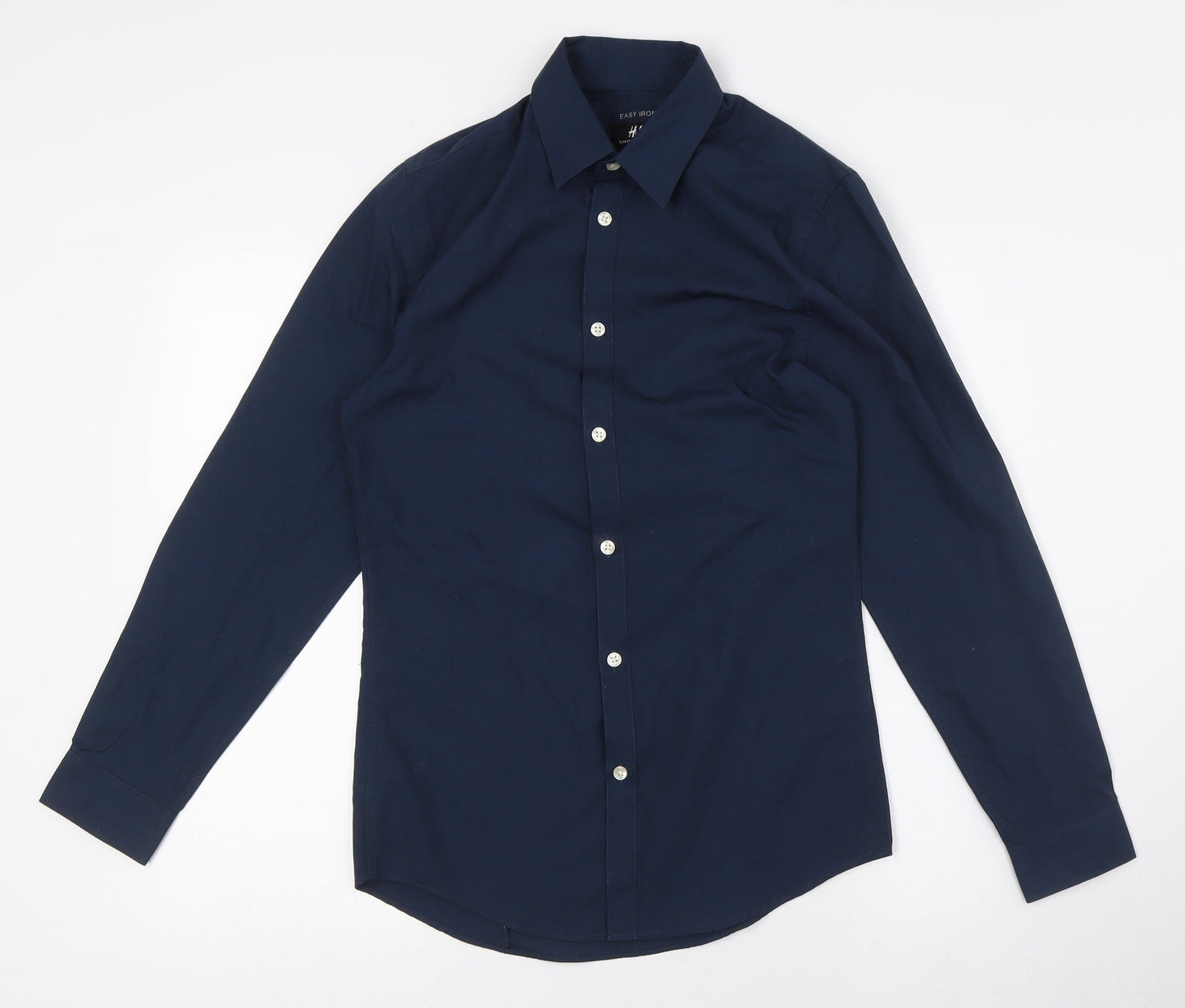 H&M Mens Blue Polyester Dress Shirt Size XS Collared Button