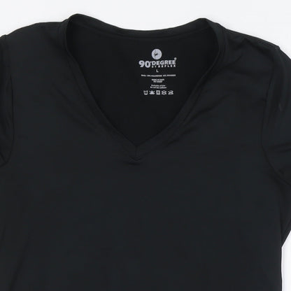 Close-up detail of 90 Degree women’s black polyester basic t-shirt, size L, v-neck