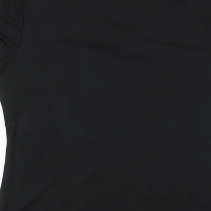 Brand and care label for 90 Degree women’s black polyester basic t-shirt, size L, v-neck