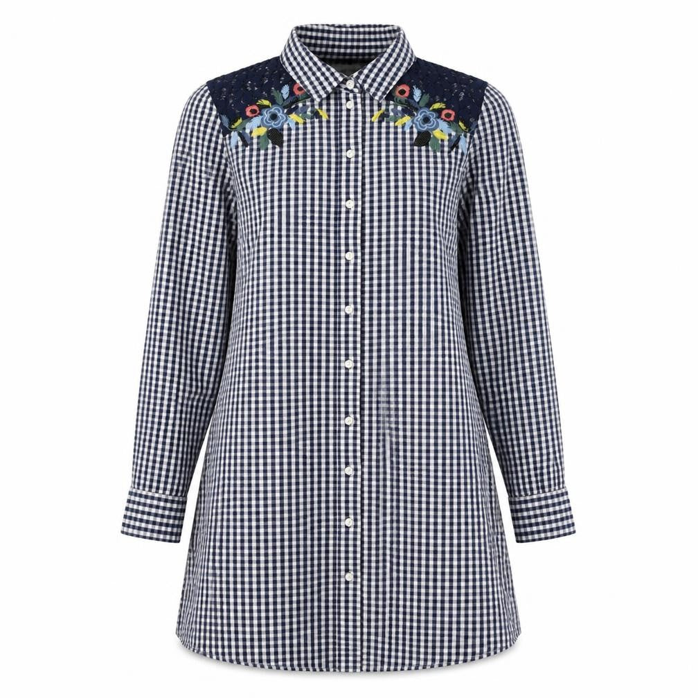 Red Herring Womens Blue Check Cotton A-Line Size 10 Collared Button - Embellished Shoulders