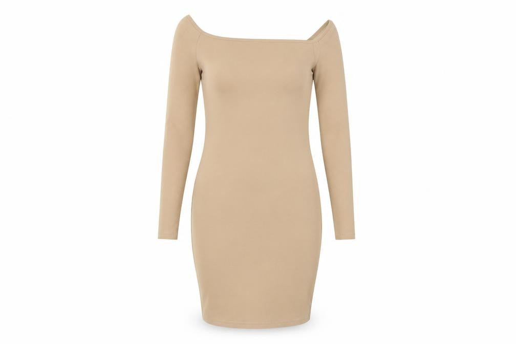 PRETTYLITTLETHING Womens Beige Polyester Bodycon Size 10 Off the Shoulder