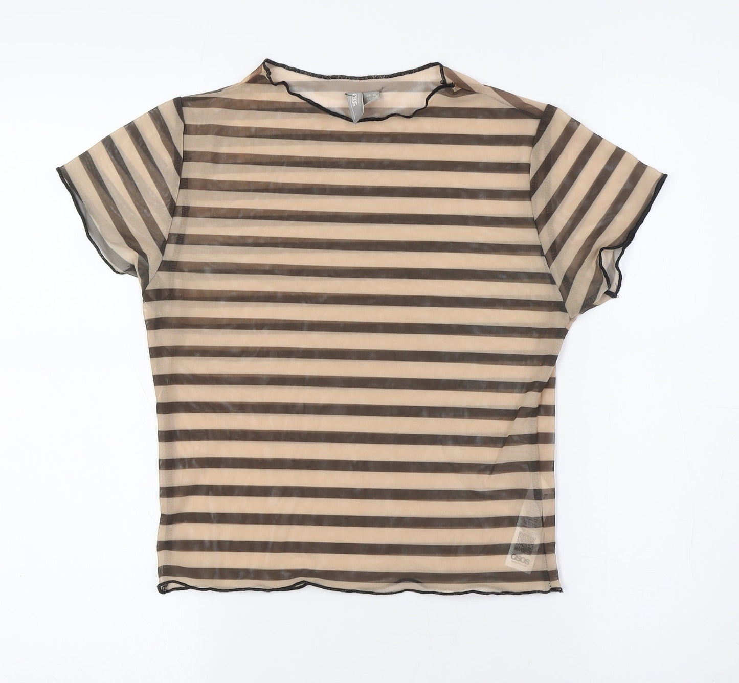 ASOS Womens Brown Striped Polyester Basic Button-Up Size 10 Round Neck - Sheer