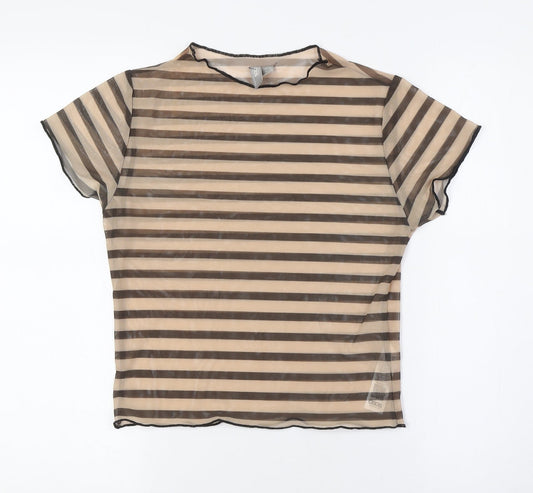 ASOS Womens Brown Striped Polyester Basic Button-Up Size 10 Round Neck - Sheer
