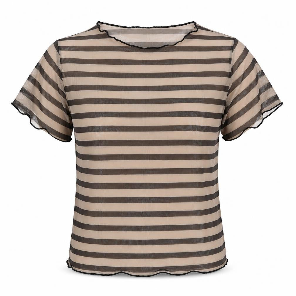 ASOS Womens Brown Striped Polyester Basic Button-Up Size 10 Round Neck - Sheer