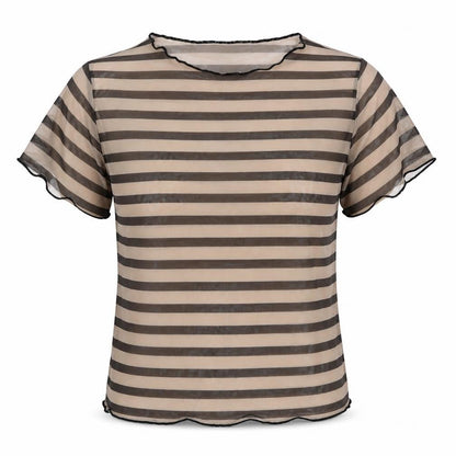 Front view of ASOS women’s brown striped polyester basic button-up, size UK 10, round neck - sheer