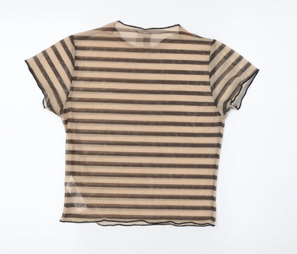 Back view of ASOS women’s brown striped polyester basic button-up, size UK 10, round neck - sheer