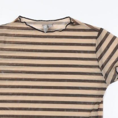 Close-up detail of ASOS women’s brown striped polyester basic button-up, size UK 10, round neck - sheer