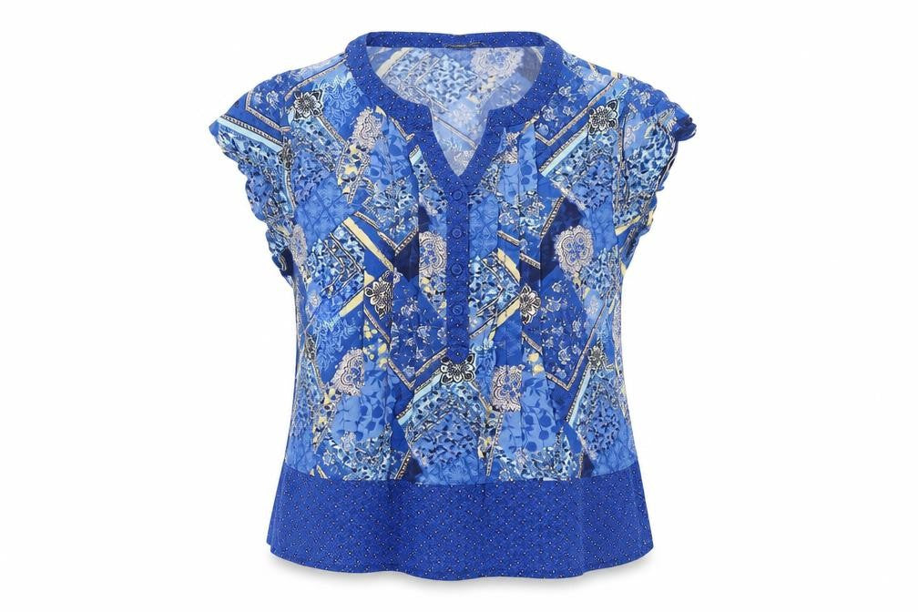 Isle Womens Blue Geometric Viscose Basic T-Shirt Size 16 V-Neck