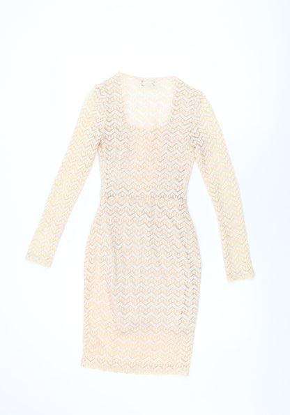 Va Va Voom Womens Beige Geometric Cotton Bodycon Size S Square Neck Pullover