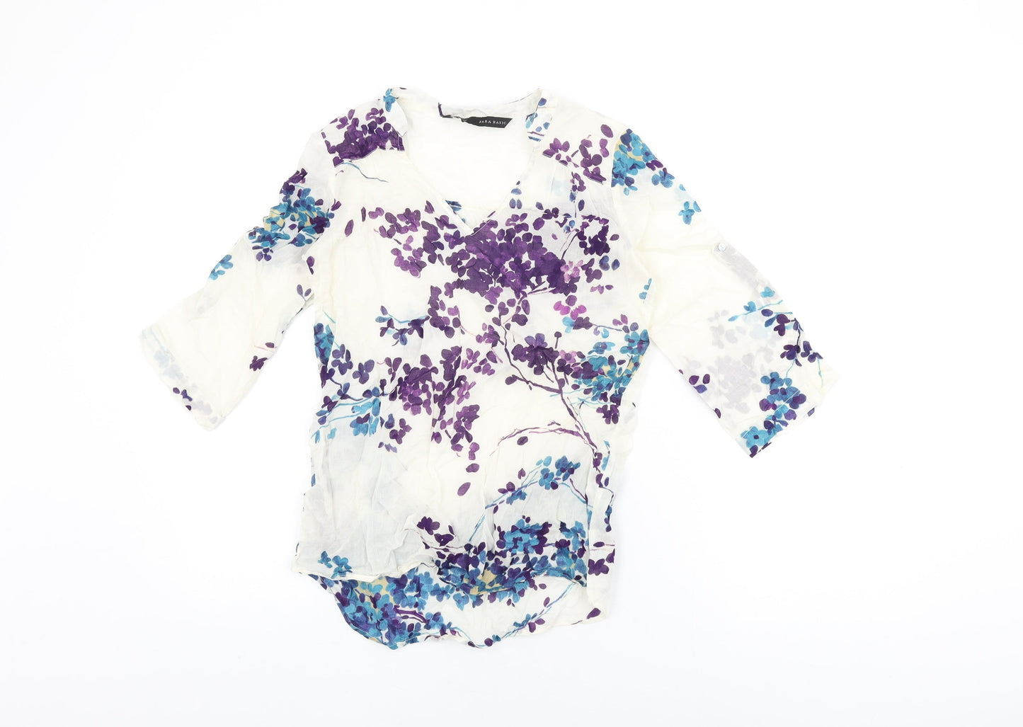 Zara Womens White Floral Cotton Basic T-Shirt Size XS V-Neck