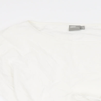 Close-up detail of ASOS women’s white polyester basic t-shirt, size UK 14, round neck