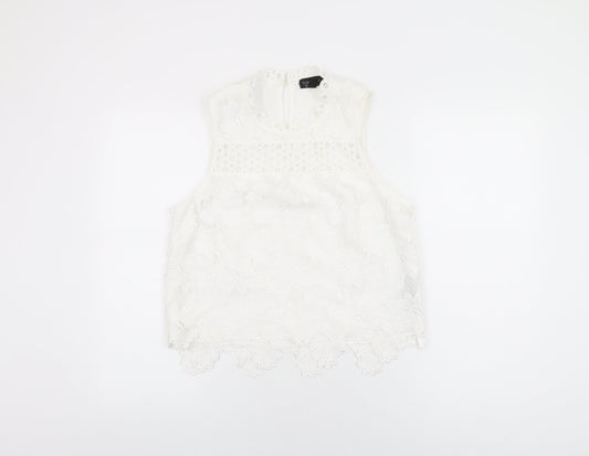 Topshop Womens White Floral Polyester Basic T-Shirt Size 14 Round Neck