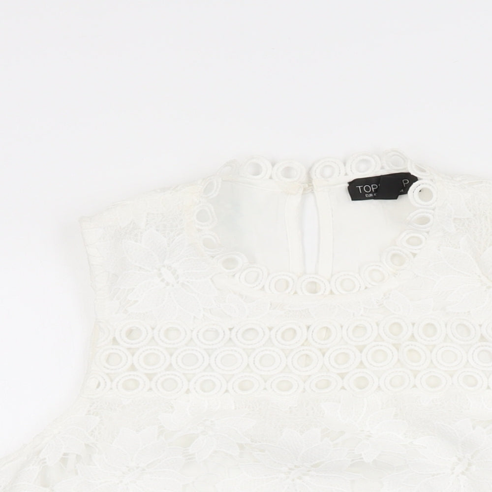 Topshop Womens White Floral Polyester Basic T-Shirt Size 14 Round Neck