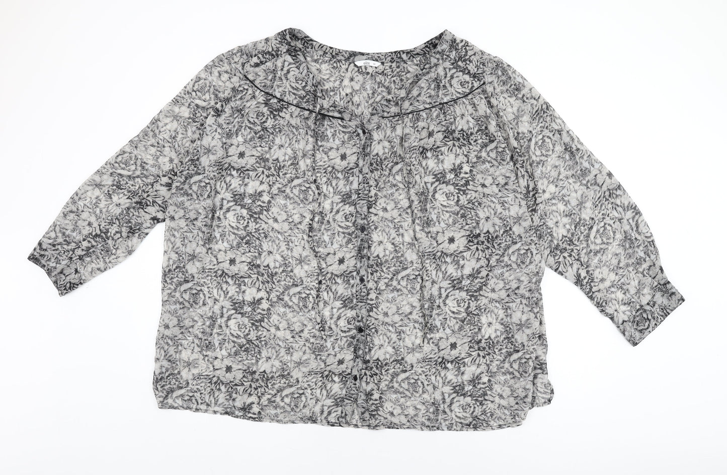 Ellos Womens Grey Floral Polyester Basic Button-Up Size 32 Round Neck