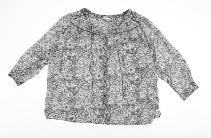 Ellos Womens Grey Floral Polyester Basic Button-Up Size 32 Round Neck