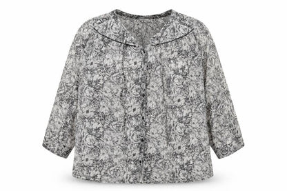 Ellos Womens Grey Floral Polyester Basic Button-Up Size 32 Round Neck