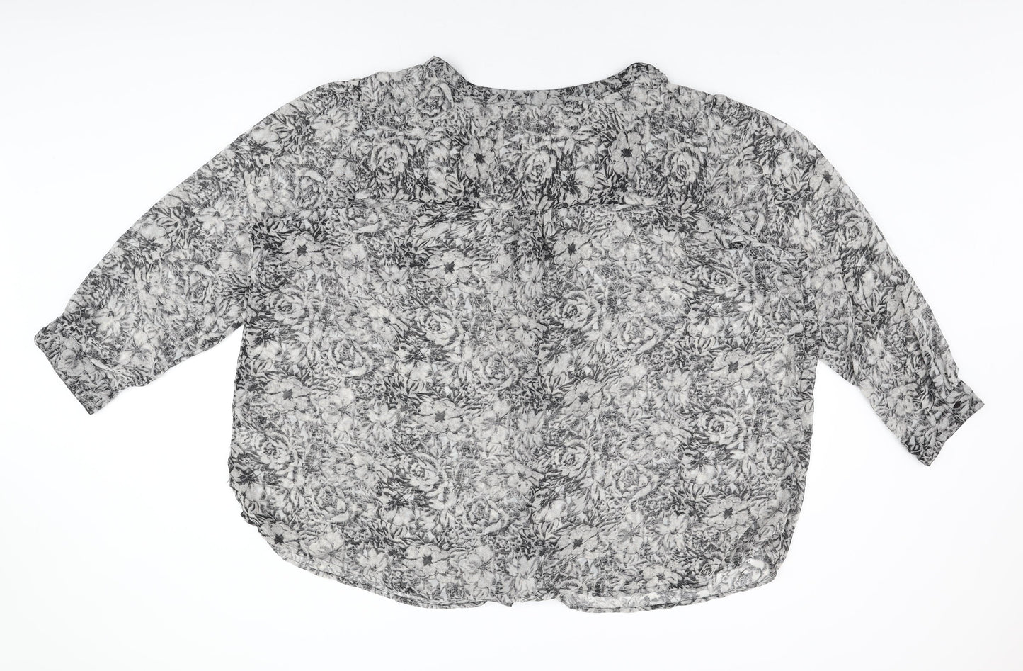 Ellos Womens Grey Floral Polyester Basic Button-Up Size 32 Round Neck