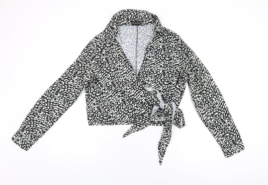 PRETTYLITTLETHING Womens Black Animal Print Polyester Wrap Blouse Size 14 Collared